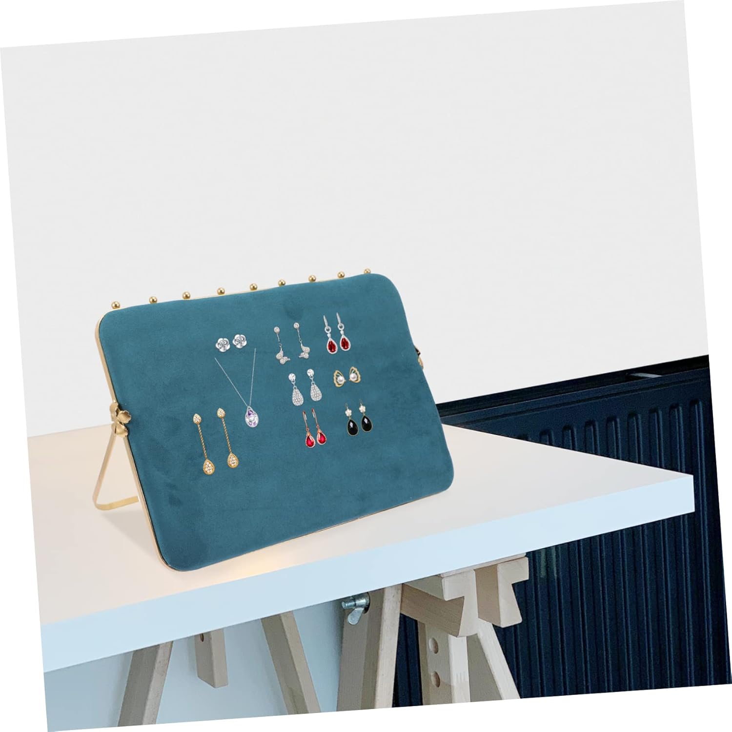 Velour Jewelry Organizer Stand with Alloy Frame Multi Function Necklace Display Rack and Earring Holder Elegant Soft Pink Vintage Style for Home Jewelry Store Use