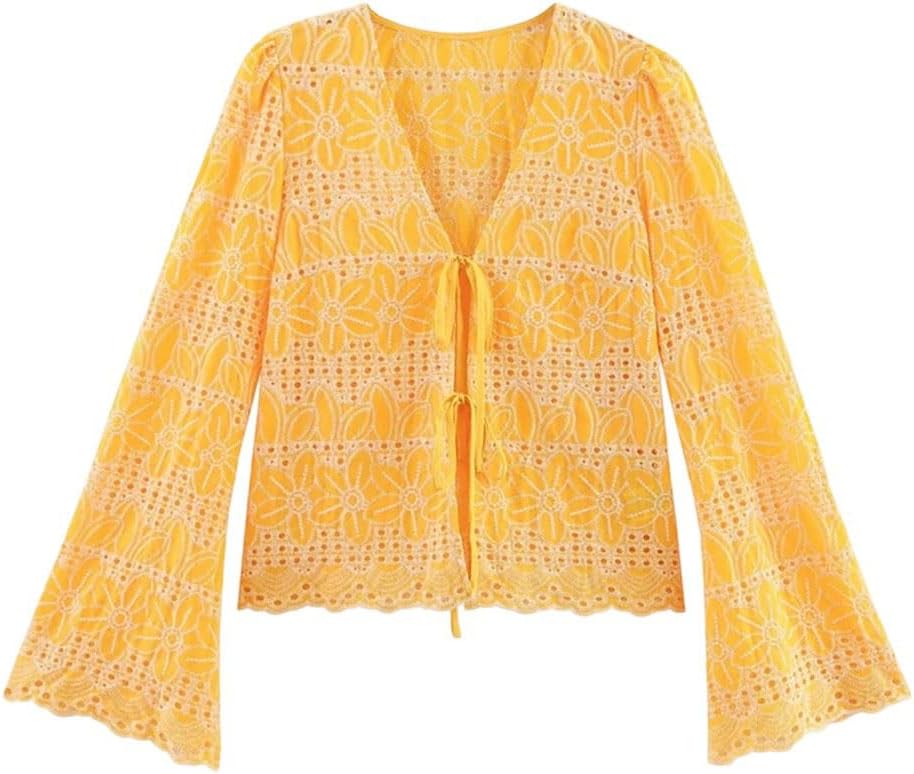 Women's Chinese Style Hollow Embroidery Bow Tie Trumpet Sleeve Retro Cropped Shirt Top
