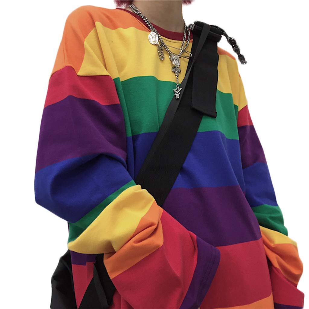 Oversized Loose T Shirt Long Sleeve Harajuku Rainbow Striped Casual Summer Tunic Tops for Women
