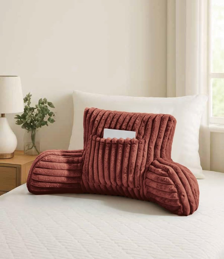 oceanevo Back Support Cushion for Bed, Faux Fur Ribbed Reading Pillow Super Soft Cosy Chair Pillow with Arms High Back Cuddle Cushion Reading Gaming, Travel, (Rust)