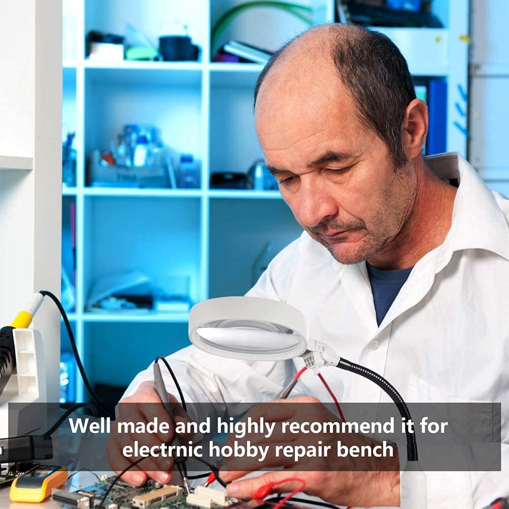 Lámpara de aumento de 10 aumentos con luz, lupa de escritorio manos libres con 6 luces LED y base resistente para leer, reparar, manualidades