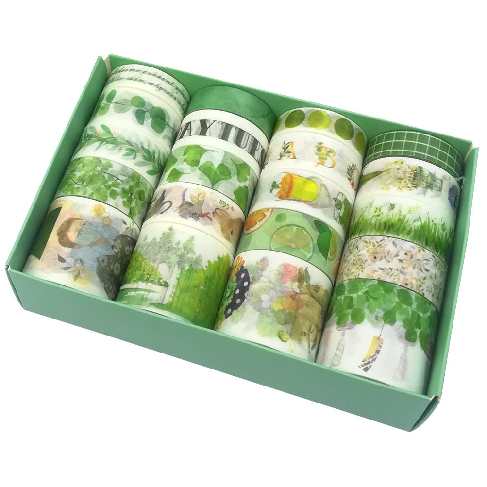 Fresh Green Washi Tape Set 20 Rolls Watercolor Leaf Grass Flower Tree Drink Food Fruit Cute Animal Girl Boy Scrapbook Album Journal Planner Art Craft Agendar DIY Decorative Label Sticker