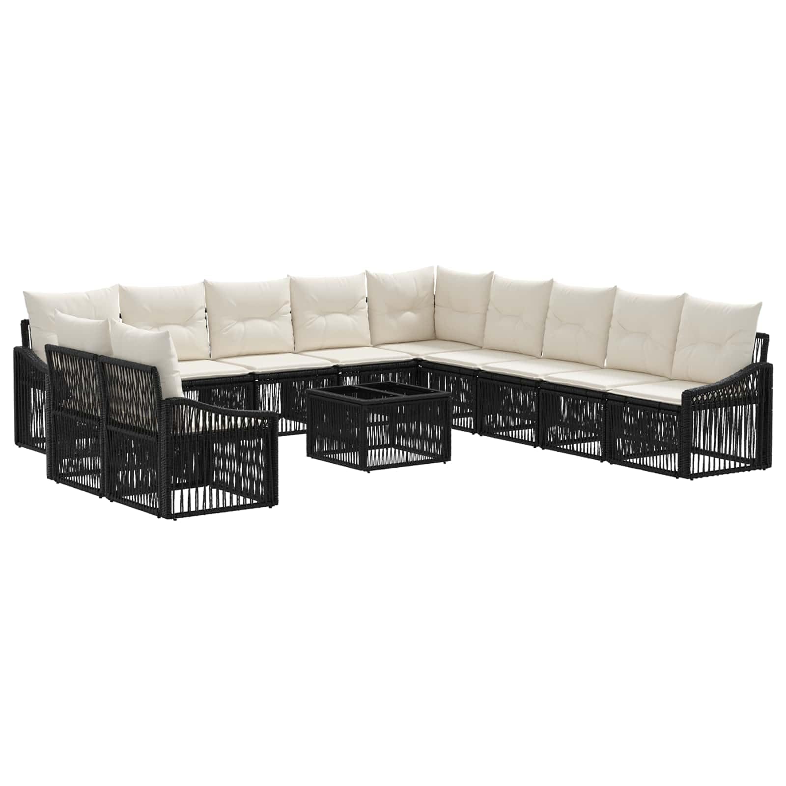 Set di divani da giardino in polyrattan, 12 pezzi, colore nero | Salotto modulare in rattan per terrazza e giardino, include tavolo e cuscini rimovibili per un comfort flessibile.