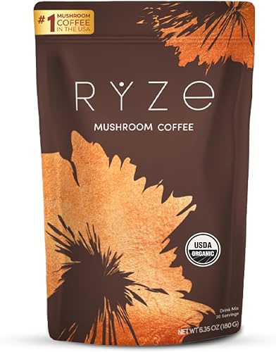 RYZE SUPERFOODS Café de hongos orgánico USDA con 6 hongos adaptogénicos y aceite MCT, café instantáneo cultivado en Estados Unidos para una mejor