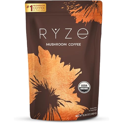 RYZE SUPERFOODS Mushroom Coffee USDA Organic with 6 Adaptogenic Mushrooms and MCT Oil, USA Grown Instant Coffee for Better Energy, Focus, Digestion, Immunity with Lions Mane & Turkey Tail, 30 servings