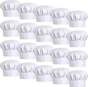 20 Pieces White Chef Hats,Elastic Cooking Hat Kitchen Cooking Caps Baking Hat for Cooking,Baking,Parties,Home, School