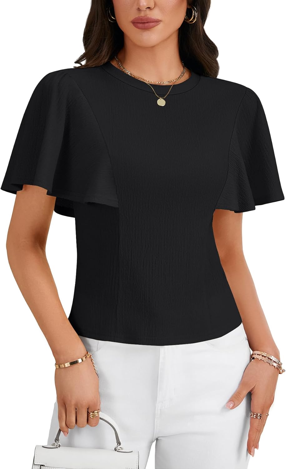 LYANER Women's Crewneck Ruffle Short Sleeve Ruched Slim Fit Work Office Blouses Tops - Image 6