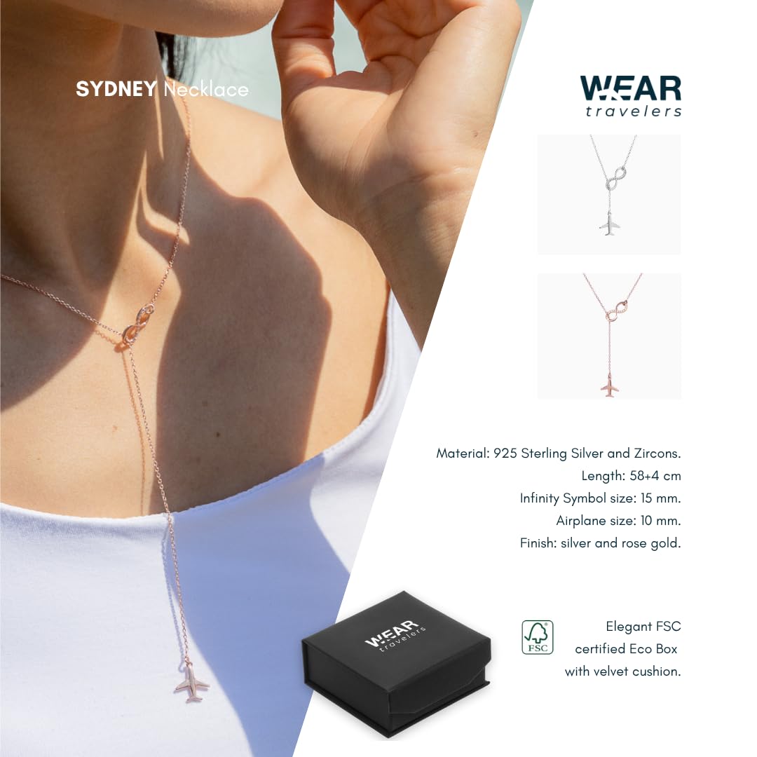 WearTravelers Collana Aereo e Infinito in argento 925 con zirconi - Idea Regalo per Donna Viaggiatrice - Prodotto Made in Italy - Modello Sidney