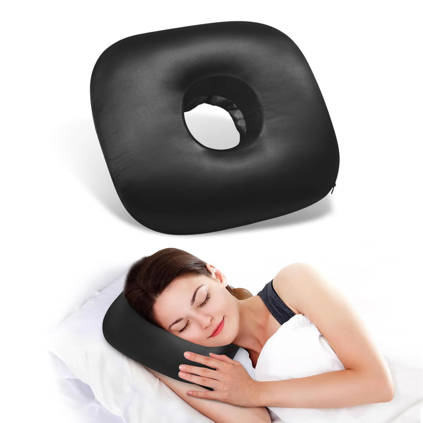 Orthopedic Ear Hole Pillow for Side Sleepers - Relief for Piercing Pain, Ear Inflammation & Pressure Sores - O-Shaped Cotton Sleep Pillow for CNH, Hearing Aids & Sensitive Ears (Light Black Silk)