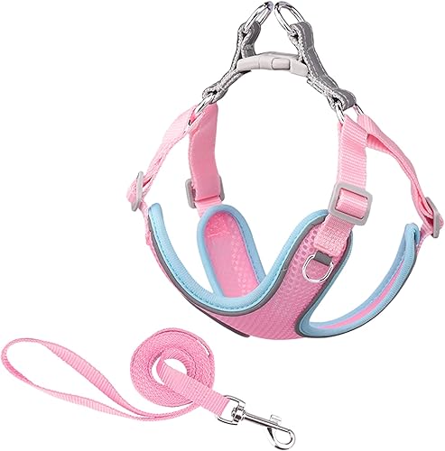 Miniatura 10 de MAKASI Juego de arnés para perro sin tirones con correa, arnés reflectante para mascotas con malla transpirable de fácil control clip frontal para