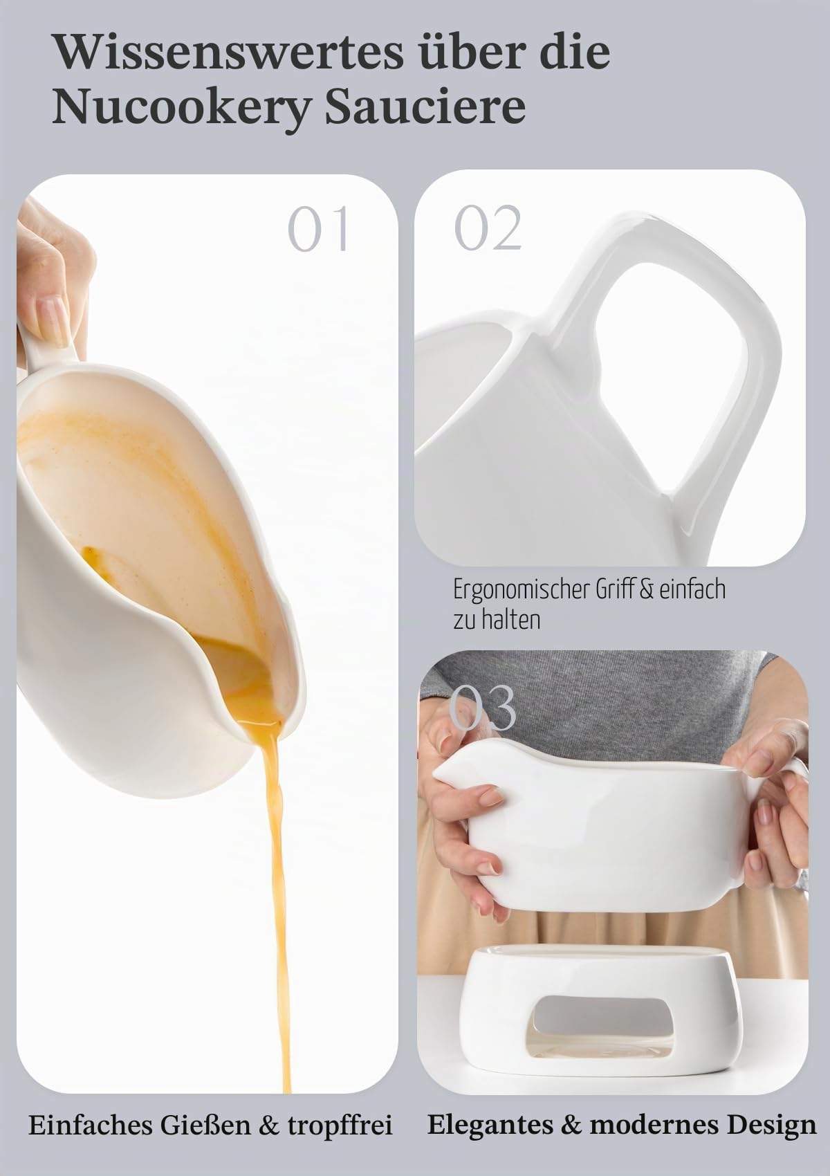 Nucookery Große Sauciere mit Stövchen, 530 ml, weiße Untertasse aus feinem Porzellan mit großem, tropffreiem Ausgießer, Saucenschüssel für Thanksgiving, warme Saucen, Salatdressings, mikrowellen- und