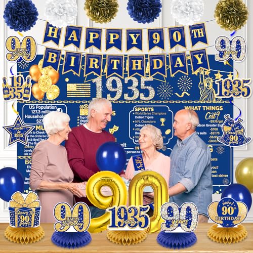 Image of 90th Birthday Decorations for Men Women Navy Blue Gold Vintage Back in 1935 Banner Happy 90th Birthday Honeycomb Centerpiece Hanging Swirls Sash Paper Pompoms Decor for Cheers to 90 Years Old Supplies
