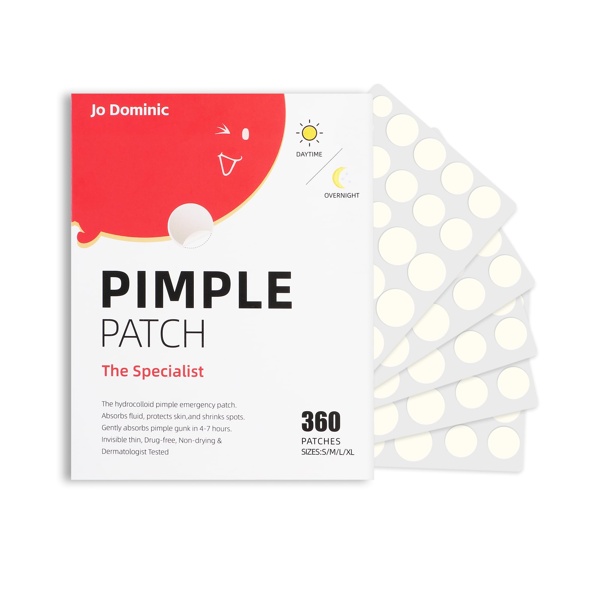 Jo Dominic Invisible Pimple Patches for Face,Day and Night 4 Sizes 360 Counts Thin & Thick Hydrocolloid Acne Patches for Face and Skin, Zits Absorbing