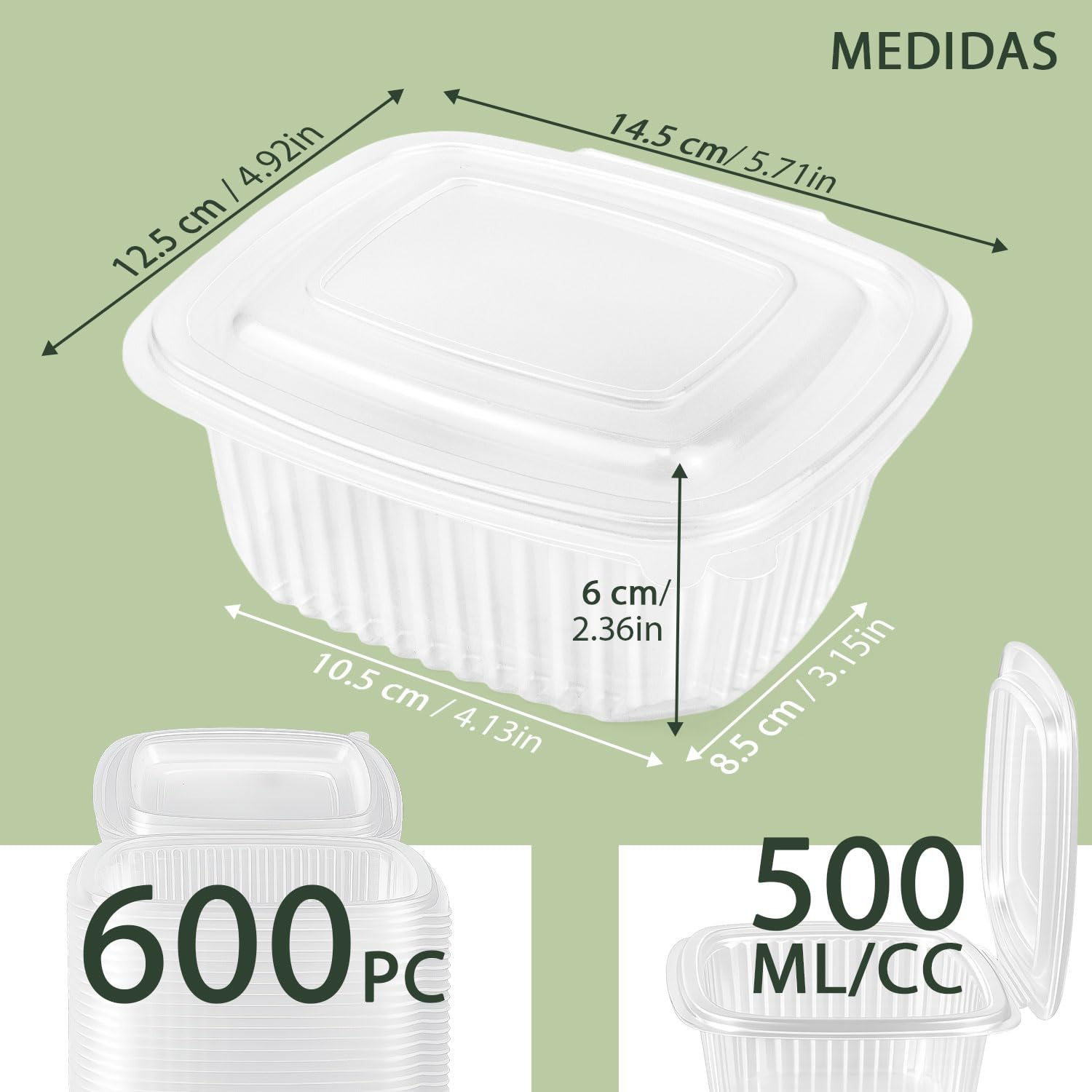600 Envases de PP Herméticos con Tapa Bisagra de 500 ml | Caja de 600 Envases de 500 ml | Para Platos Individuales, Pasta y Ensaladas | PP | Microondas y Congelador