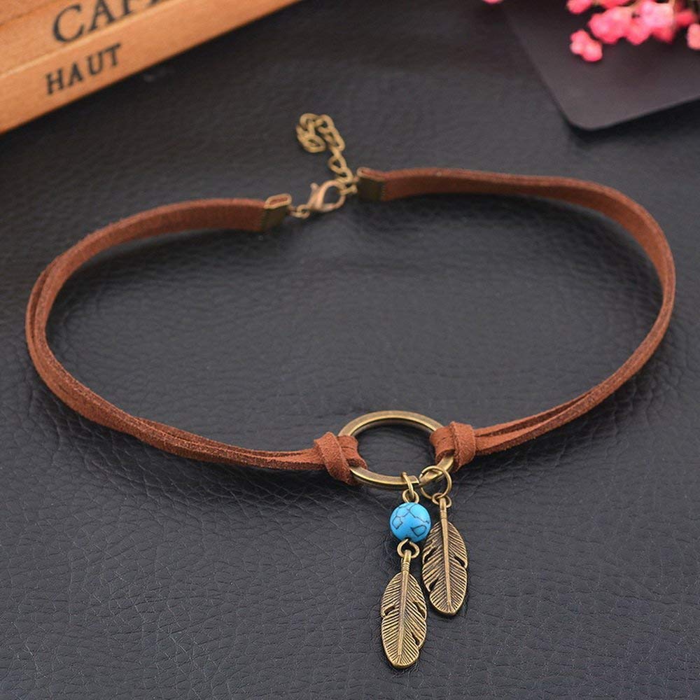 Indianischen böhmischen Feder Charme handgemachte PU Leder Choker Halskette braun kostengünstig und langlebig