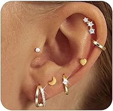 Women's Stainless Steel Earrings Tragus Helix Piercing Ear Small Earrings with Zirconia Hypoallergenic 14 K Gold Plated Gold Earrings for Women
