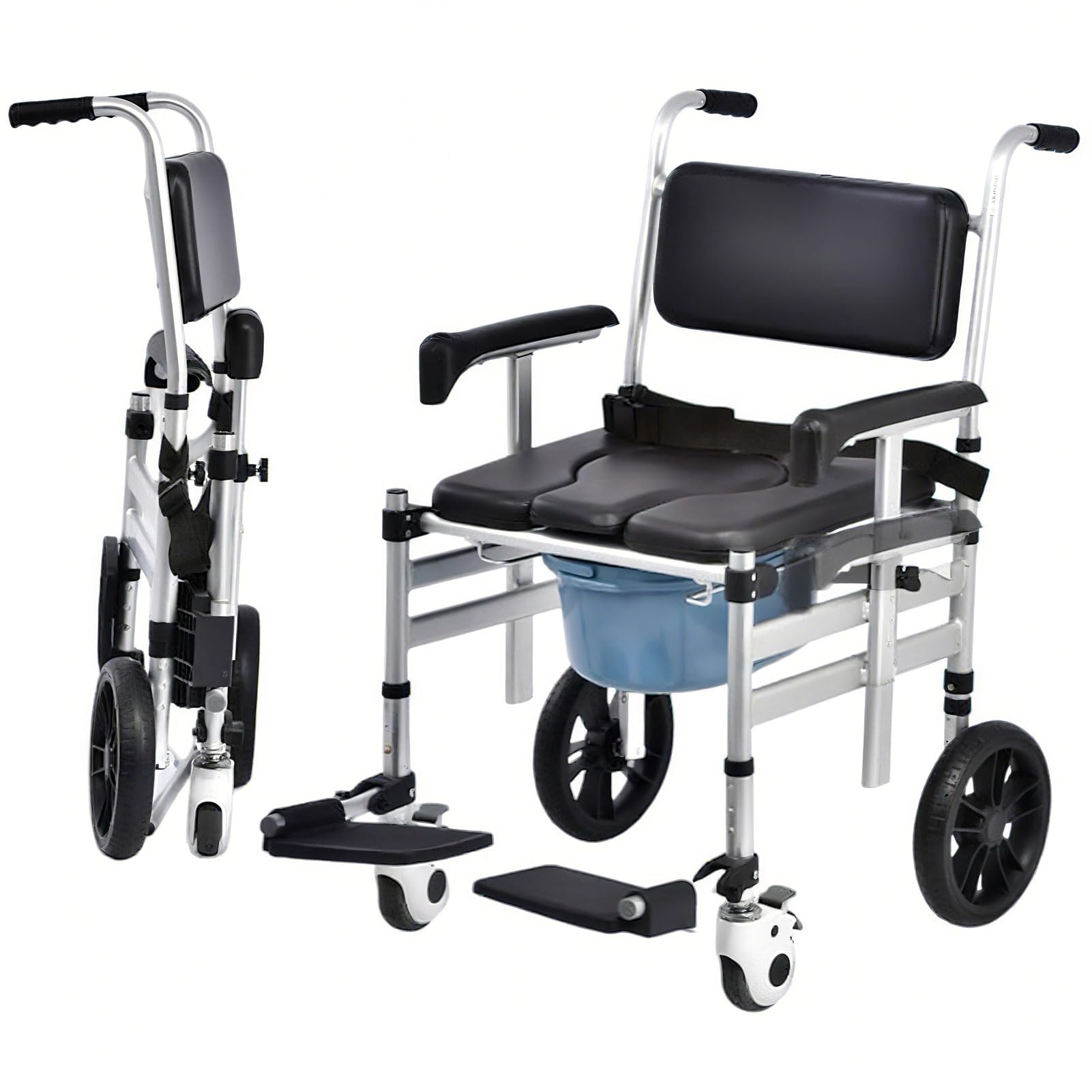 Silla de ducha móvil ajustable con cubo extraíble para personas mayores y soporte de movilidad