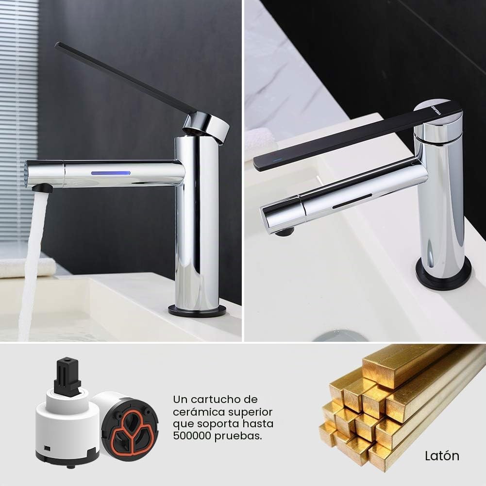 GRIFEMA G11002B Grifo lavabo LED, Plata cromo / negro, 3/8 de pulgada