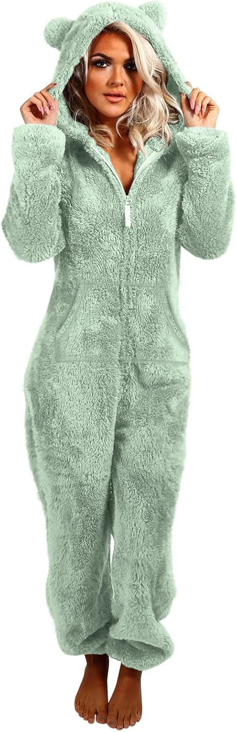 2025 One Piece Pajamas for Women Adult Fuzzy Fleece Womens Cozy Sherpa Winter Warm Lounge Romper Loungewear