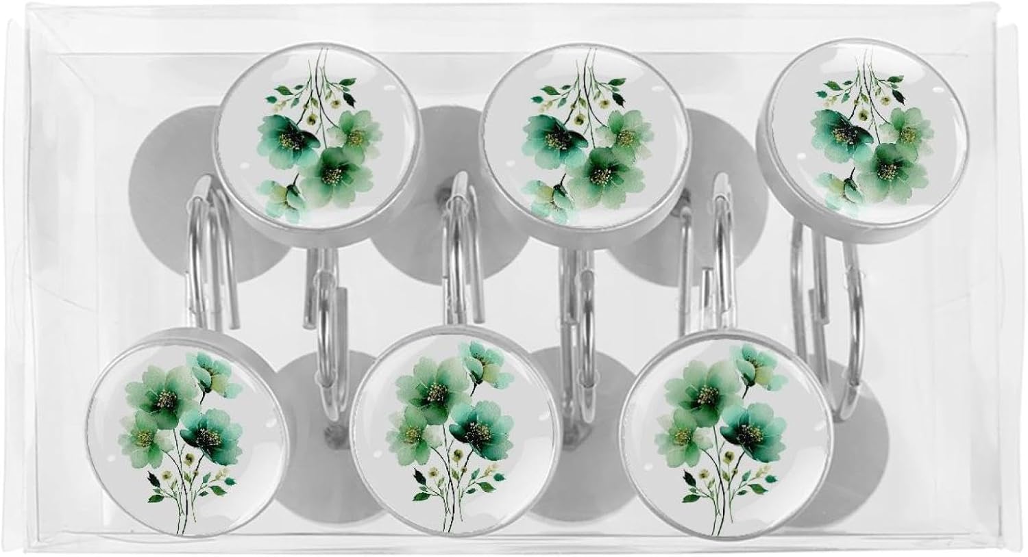Aesthetic Green Flowers 12Pcs Shower Curtain Hooks, Shower Rings Stainless Steel Hooks Bathroom Bedroom Living Room