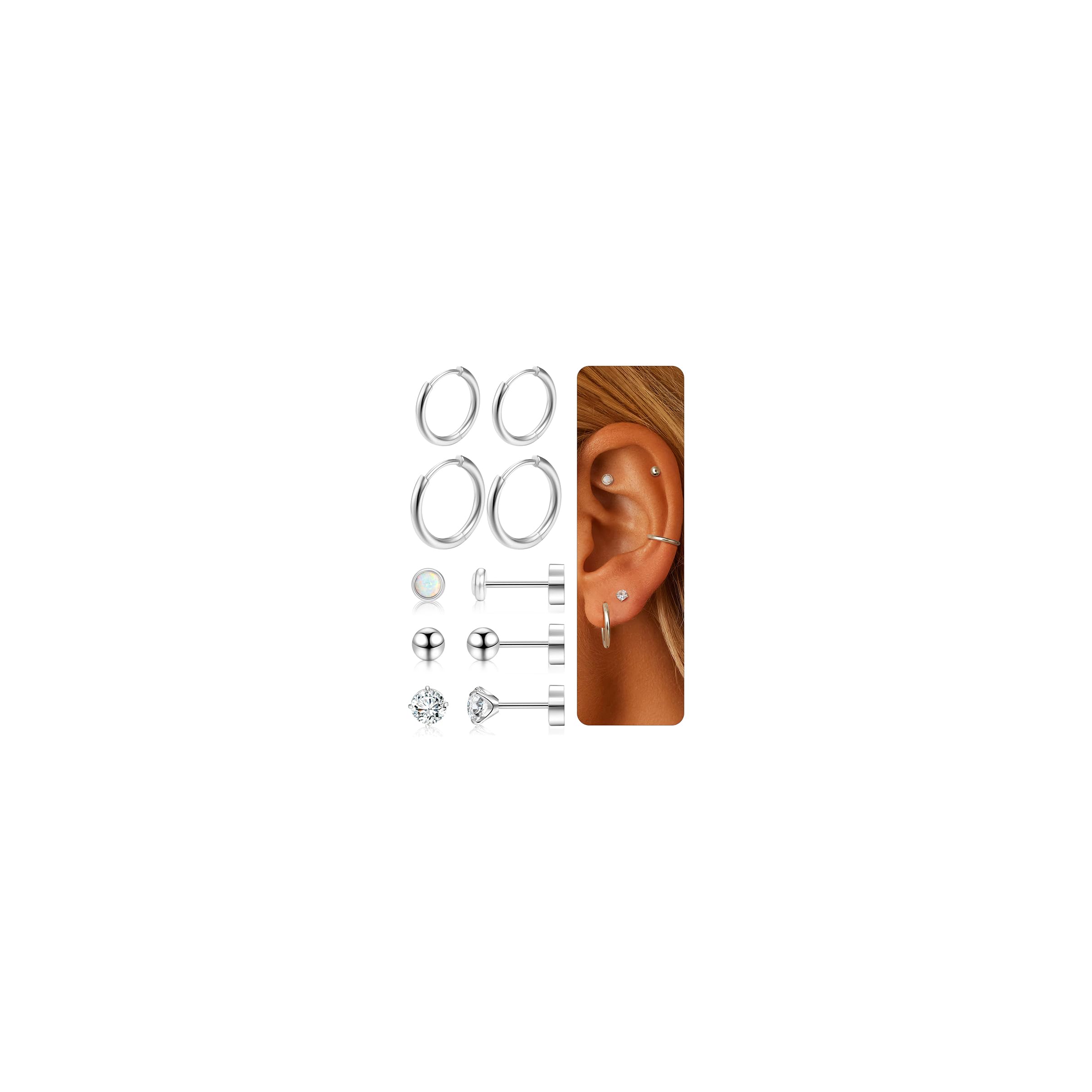 Orecchini In Titanio G23 Retro Piatto 4/5 Mm | Ipoallergenici Senza Nichel | Set 3 Paia Per Cartilagine, Elice, Trago | Gioielli Donna