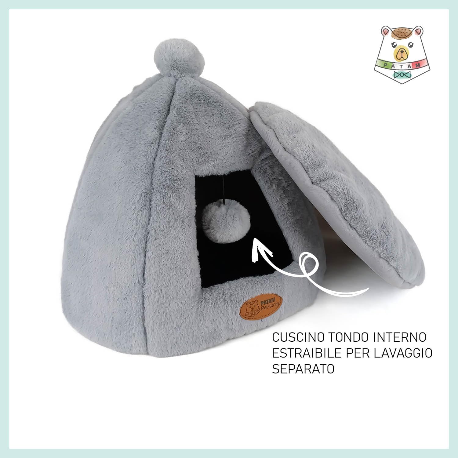 Domek dla psów i kotów, antypoślizgowy z miękkiej pluszowej tkaniny, zmywalny, namiot z zabawką w piłkę, 43 x 43 x 43 x 43 cm - Igloo Grey, 43x43x43cm