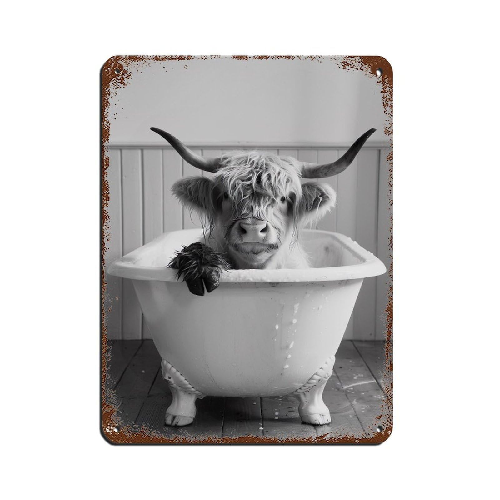 Highland Cow in The Bathtub Tin Sign Vintage Metal Pub Club Cafe Bar Home Wall Art Decoration Poster Retro 12x16inch(30x40cm)