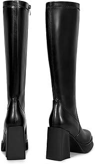 wetkiss Platform Knee High Boots Women Chunky High Heel Black Boots for Women Gogo Boots with Side Zipper Stretchy Boot Not for Bigger Wide Calf