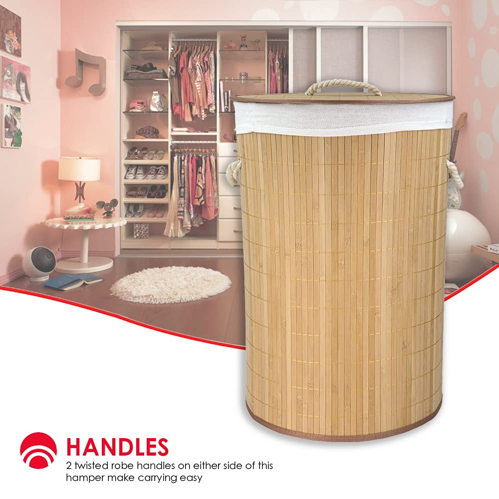 Home Basics Foldable Bamboo Laundry Basket Hamper (Round, Natural)