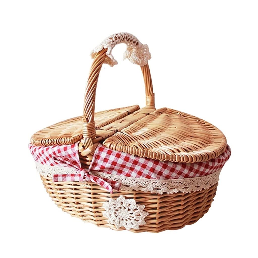 Storage Basket,Picnic Portable Outdoor, Rustic Style Wicker, Shopping Gift with Lid for Picnics, Camping Hamper for and Party