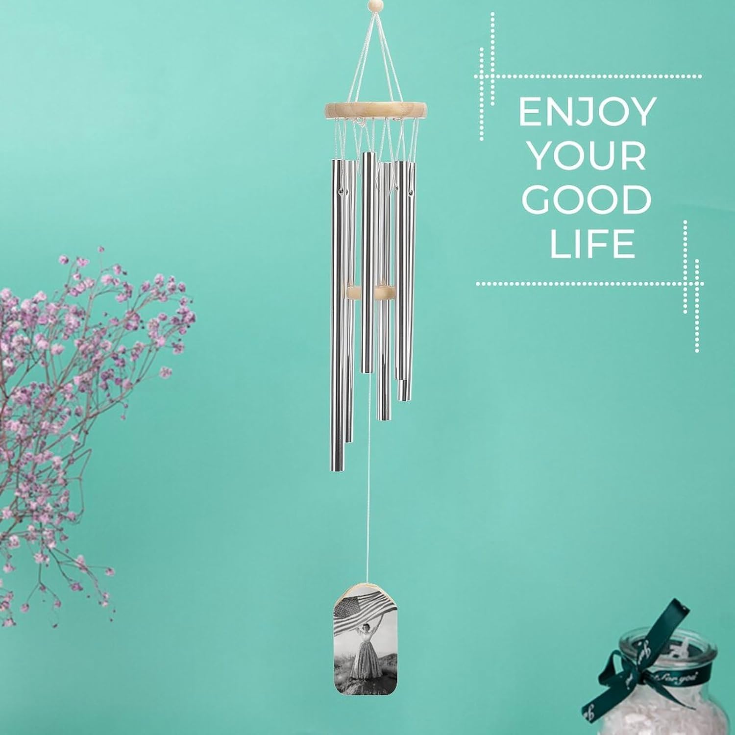 Proud Woman Holding U.S. Flag Wooden Wind Chimes Deep Tone Memorial Windchime for Outside Garden Home Decoration