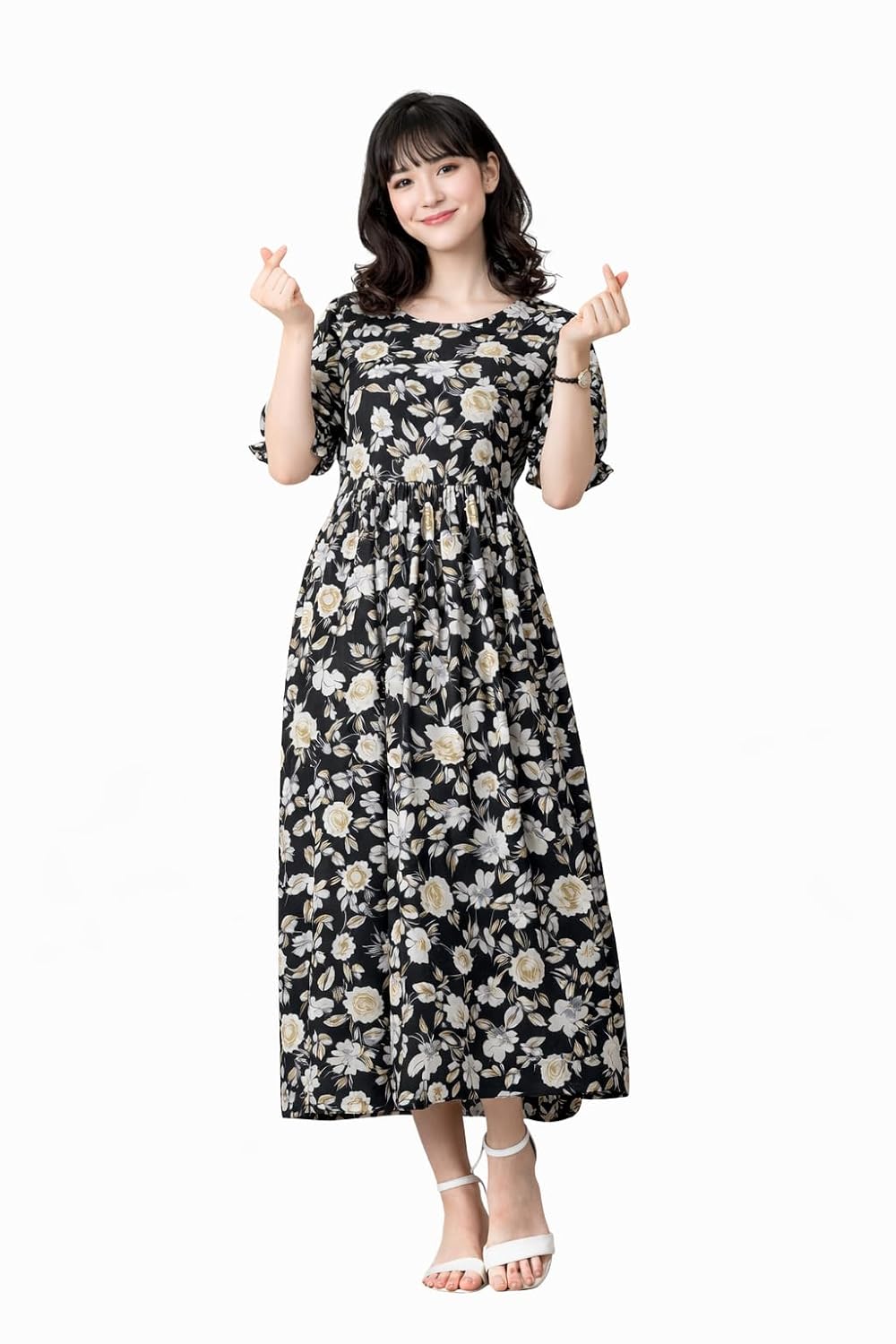 Ichaa Women's Pink Cotton Printed Maternity Dress with Feeding Zips and Pocket| in Plus Sizes