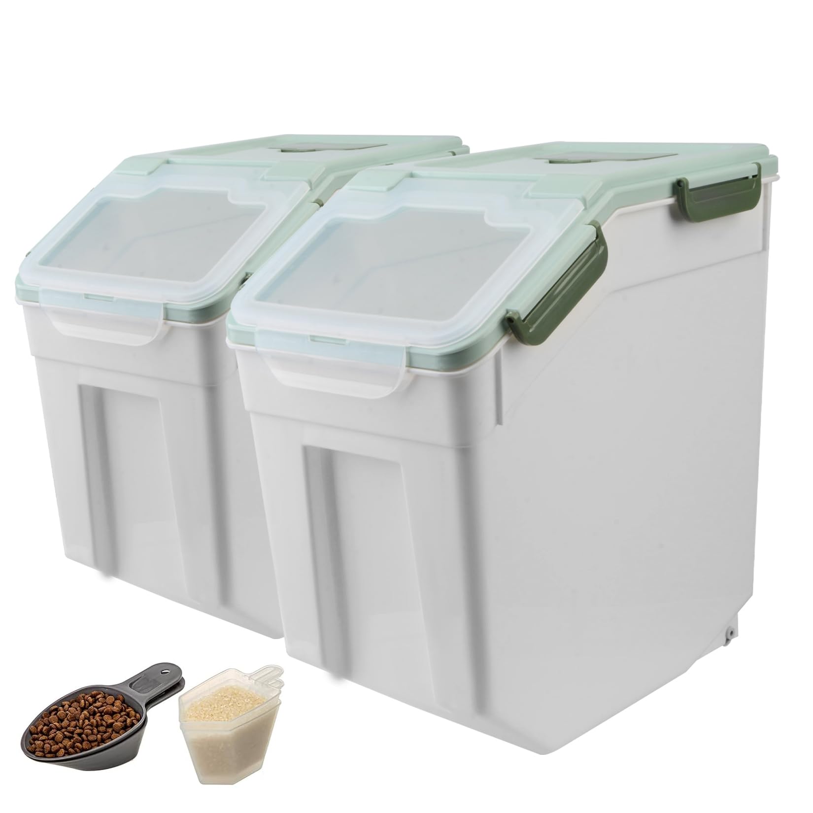 ANMOO Airtight Flour Storage Containers Set of 2 20KG with Locking Lid, Large Rice Flour Grain Bin with Wheels & Scoop, BPA-Free Dry Food Dispenser for Kitchen Pantry （Green）