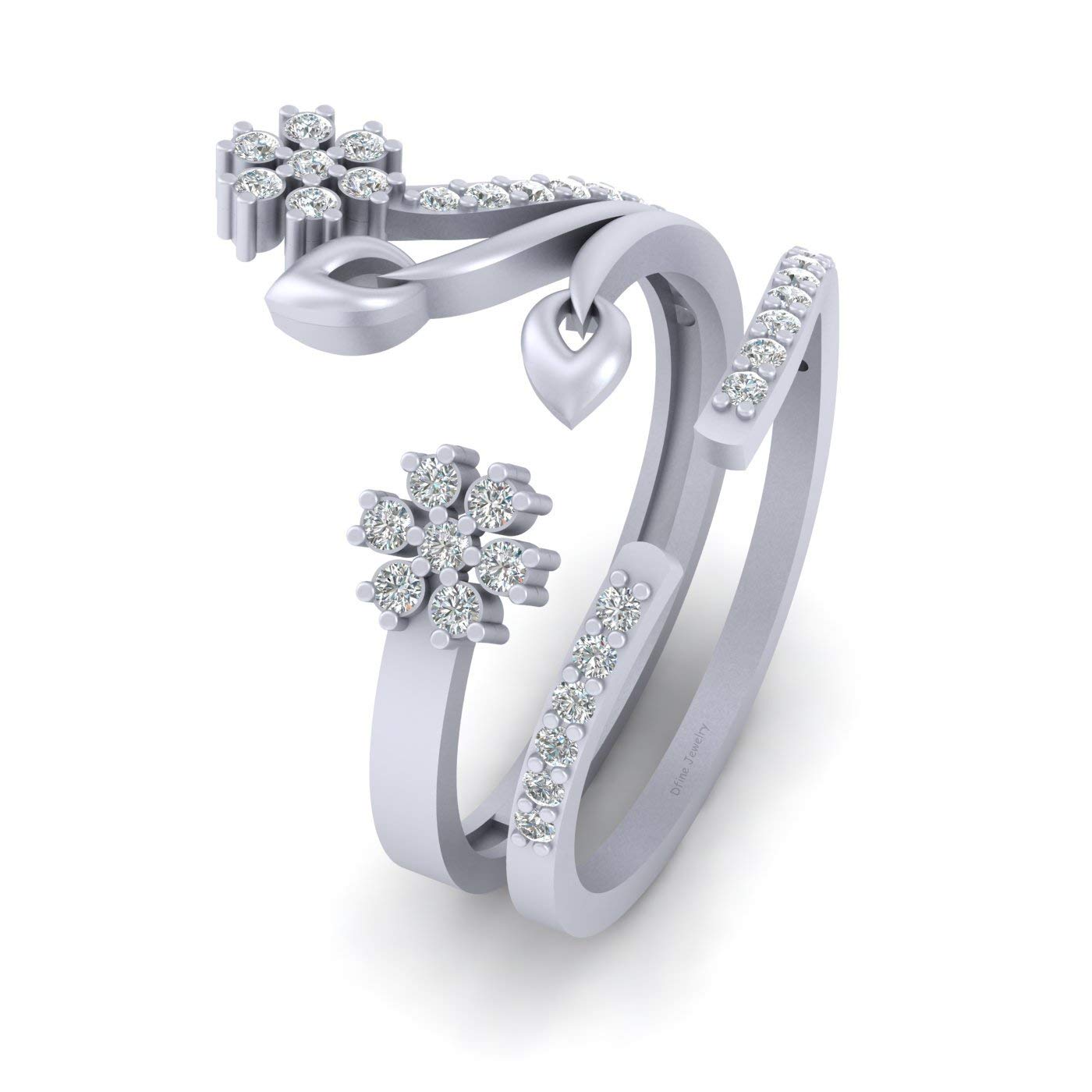 Conjunto de anillo de boda con diseño de hojas florales, diseño de flores de racimo de diamantes de plata de ley 925, ajustable, Metal metal Piedra, Diamond