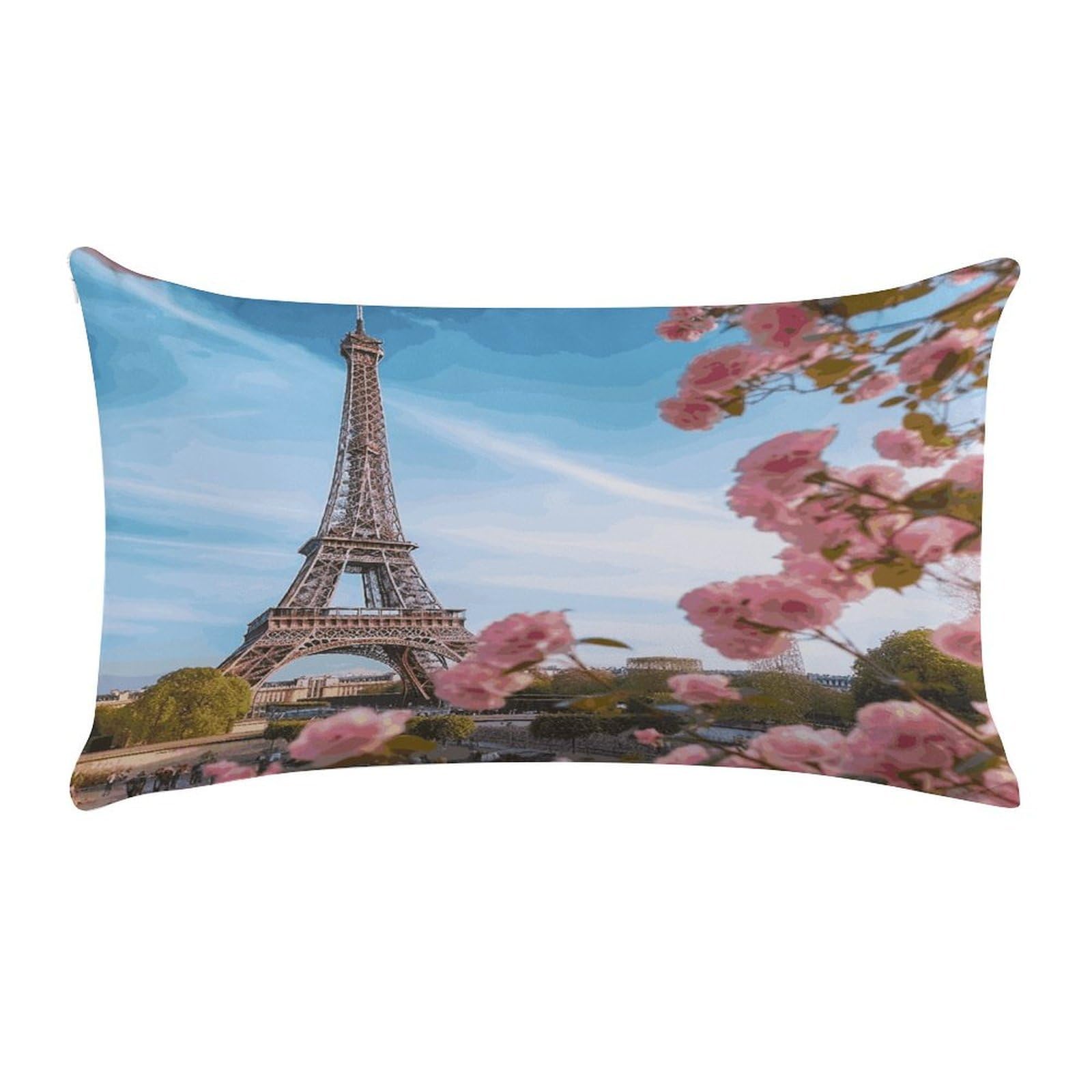 Paris Eiffel Tower with Flowers Pillow Case Decorative Rectangle Throw Pillow Cover Soft Plush Pillowcase Cozy Cushion Case Modern Pillow Sham Cushion Cover for Bedroom Sofa Couch 20 X 12 Inch