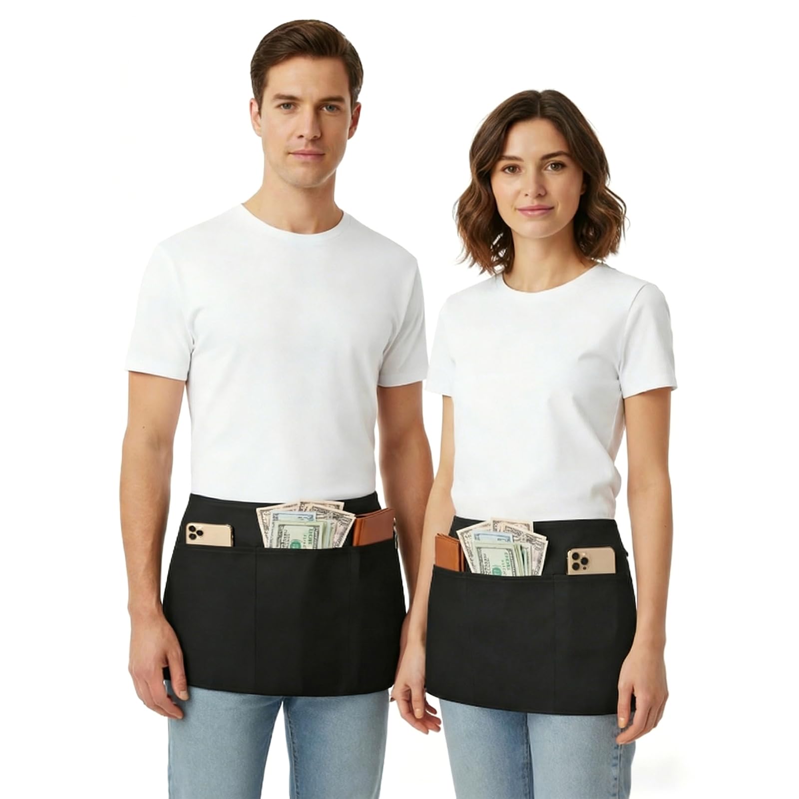 BOHARERS Delantales de cintura con 3 bolsillos, delantales negros para camarera, medio corto, cocina, restaurante, para mujeres y hombres, 24 x 12 pulgadas para guardar el libro de meseros, tarjetas