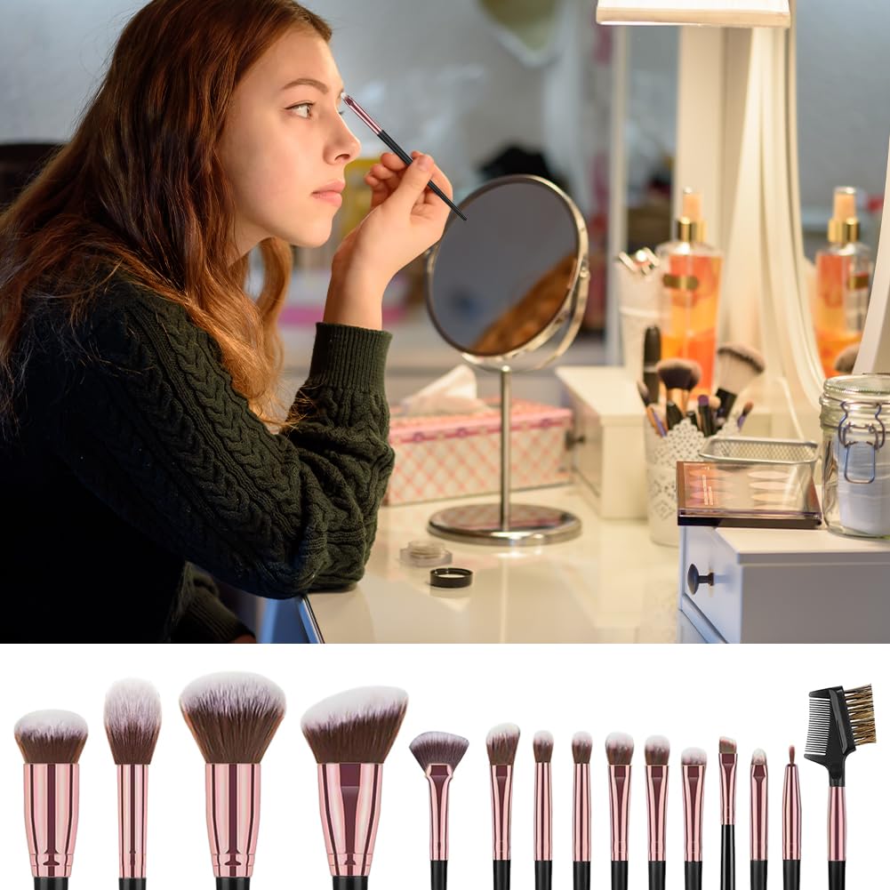 Vicloon Set Pennelli Make up da 18 pezzi,15 Pezzi Professionale Pennelli Make Up Pennelli con Ombretto Palpebra Eyeliner Mascara Sopracciglia Makeup Occhi con 2 Piumino per Cipria e Borsa Portaoggetti