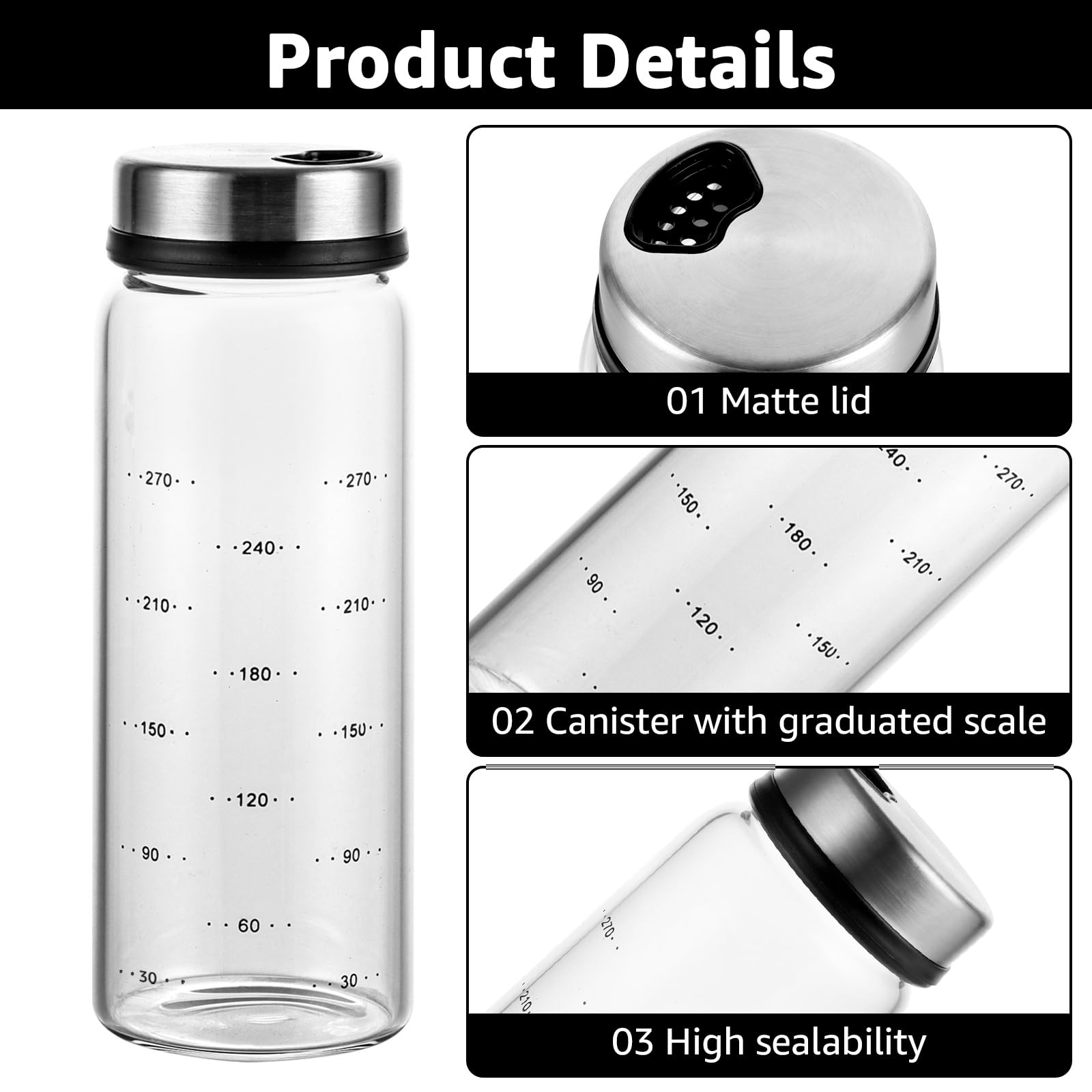 Lot de 3 bocaux à épices avec couvercle rotatif – 300 ml – Pots en verre hermétiques de 16,5 x 6 cm – Saupoudreur avec 4 types d'ouvertures – Spice jars pour cuisine, salle à manger
