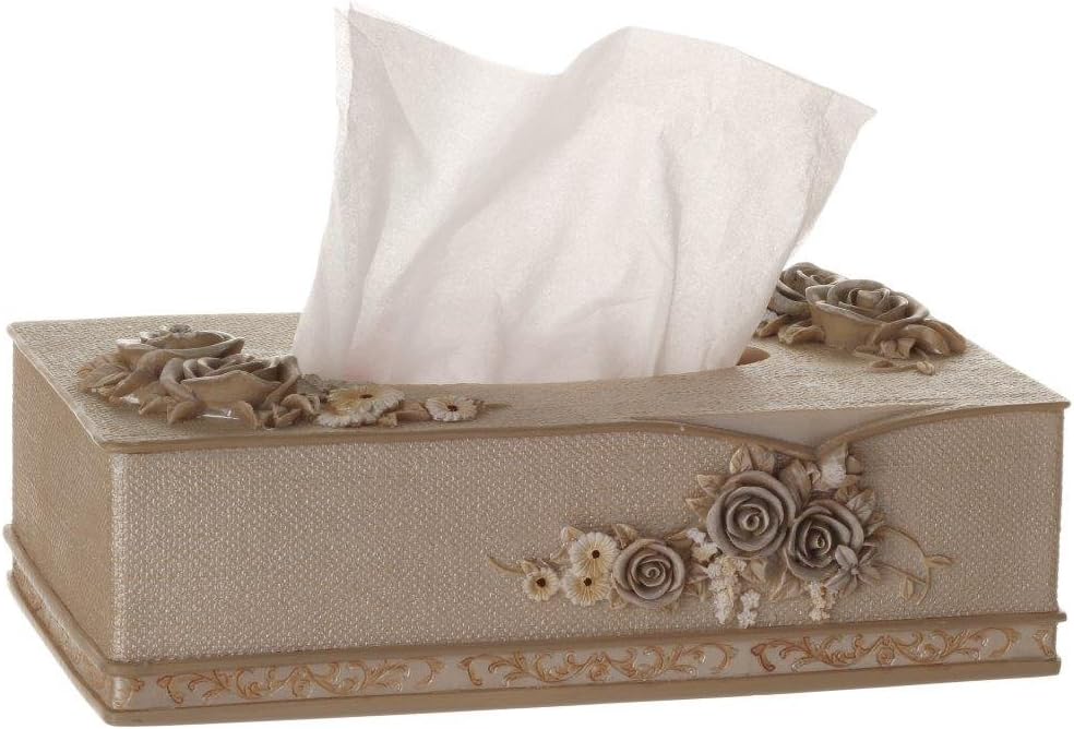 Sharel Rectangle Rose Tissue Dispenser - Elegant Pearl Facial Tissue Box Cover with 3D Rose Design