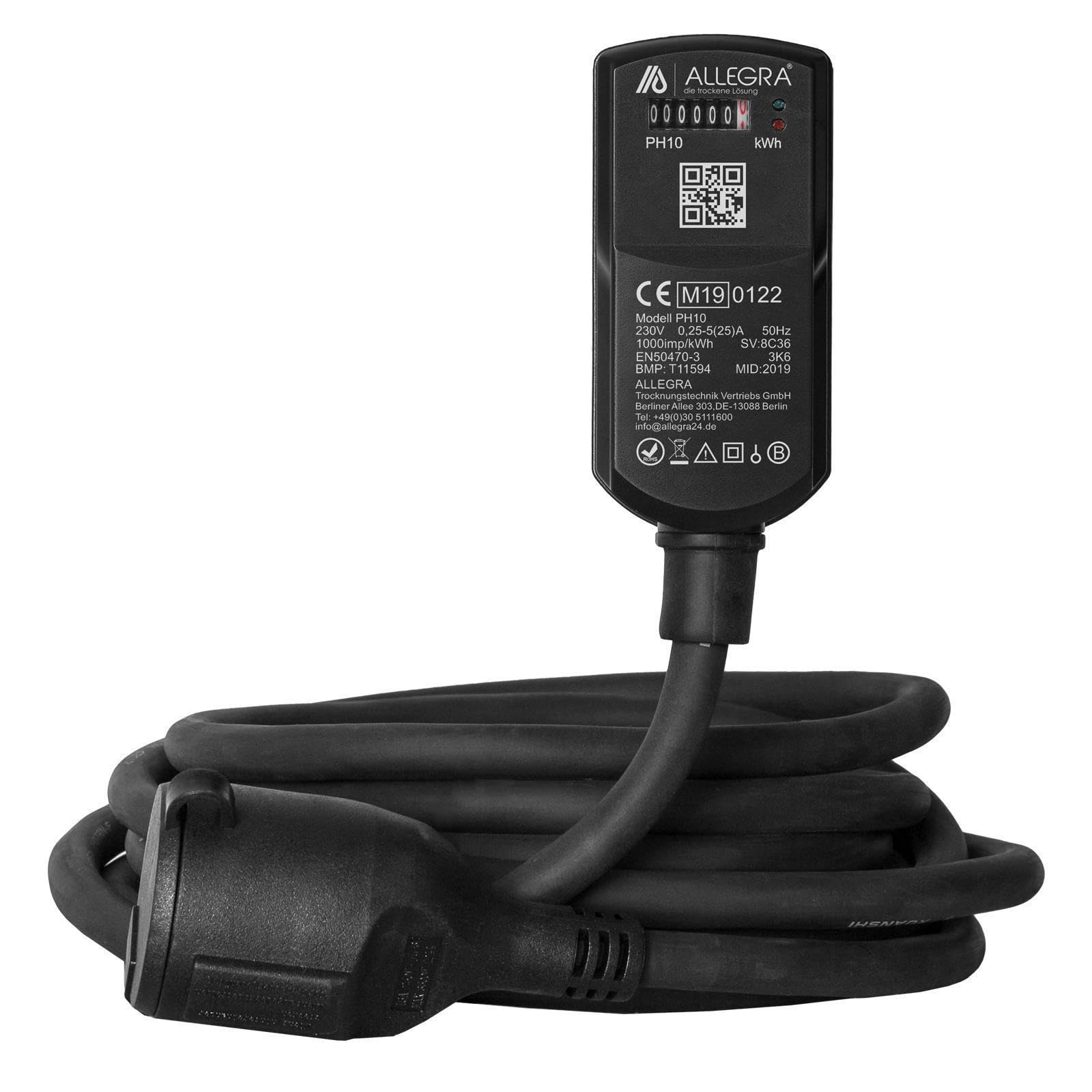 ALLEGRA MID Stromzähler PH10 mit 10 m Verlängerungskabel – Zwischenzähler zur Stromverbrauchsmessung, H07RN-F 3G2,5 mm², 230 V/16 A, für Baustelle, Vermietung & Gewerbe