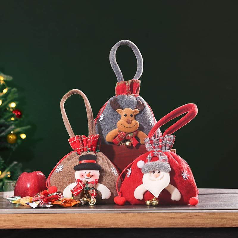 Miniatura 6 de kamumanni Bolsas de regalo de Navidad, bolsas de regalo 3D de Papá Noel, muñeco de nieve, renos, bolsas de regalo reutilizables con cordón, bonitas
