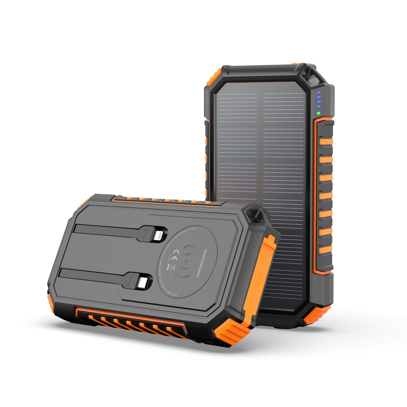 Chargeur Solaire Power Bank 20000mAh - Riapow 22,5W Charge Rapide Batterie Externe sans Fil avec Câbles Intégrés, USB C PD QC 3.0 Sortie, 2 Lampes de Poche Chargeur Portable pour Téléphone Tablette