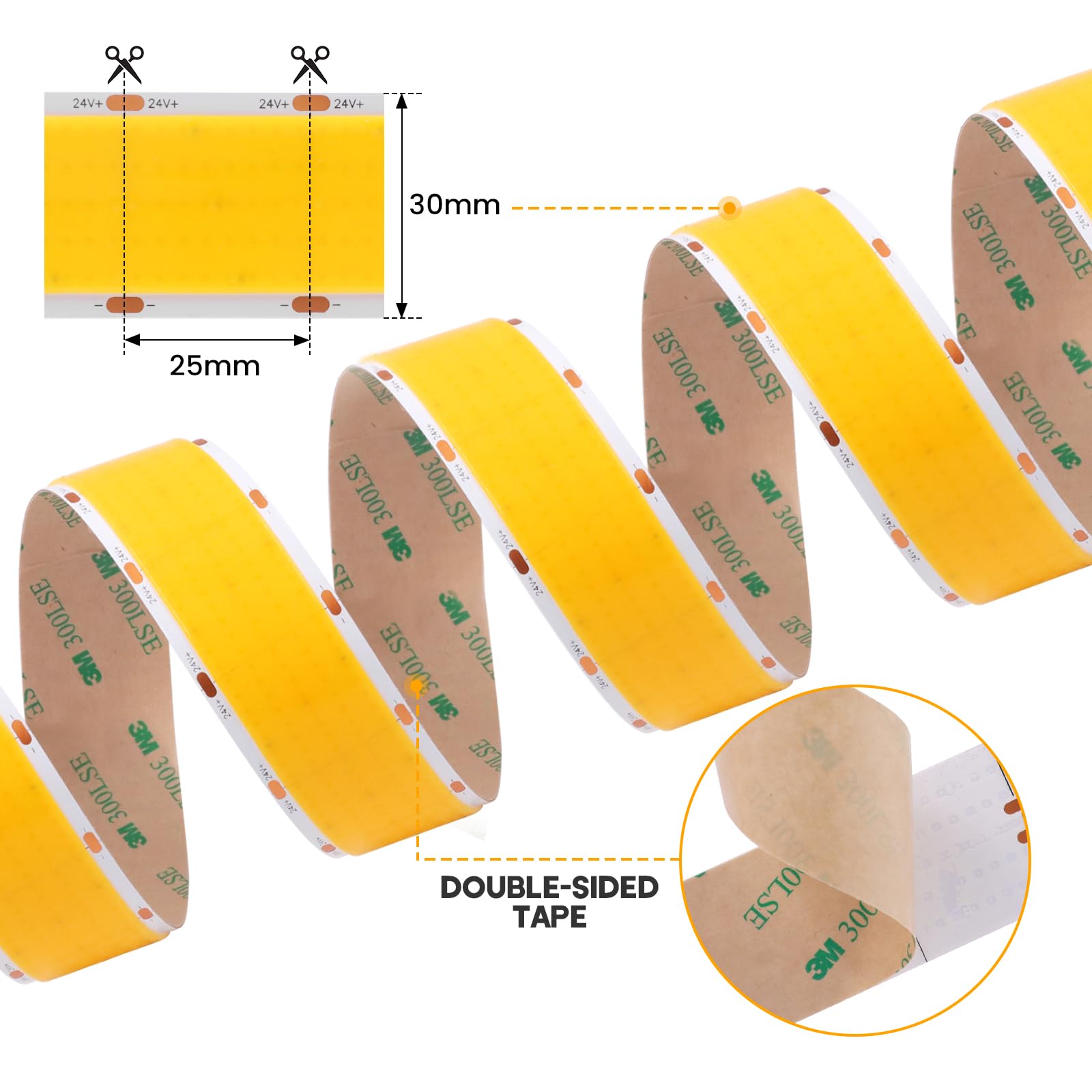 24 V COB Tira de LED, 1600 LEDs/m flexible 5 filas 30 mm de ancho Tira LED autoadhesiva no impermeable IP20 2 pines para decoración de fiestas en casa