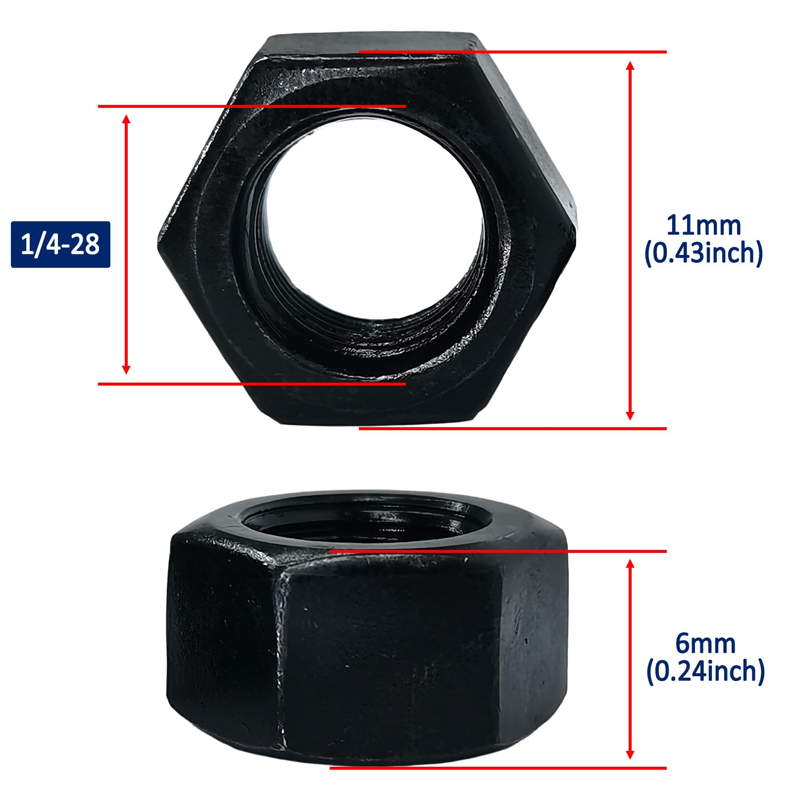 Black 1/4-28 UNF Hex Nuts,Fine Thread,Carbon Steel Grade 8.8 Black