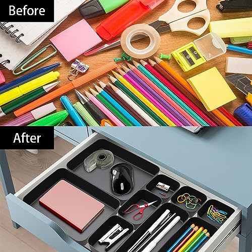 Schubladen Organizer Box Organizer Schubladen Ordnungssystem 16 Stk Küche Badezimmer Kosmetik Gewürz Aufbewahrung Organisation Drawer Kunststoff Büro Schreibtisch Trenner mit Silikonmatten (Schwarz)