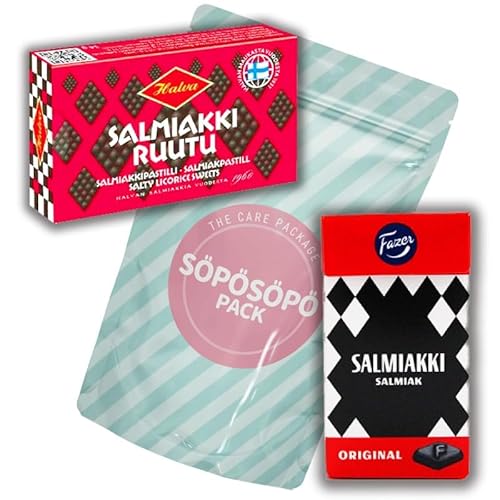 Fazer Finnish Salmiakki 40g and Halva Salmiakki Ruutu 34g set SÖPÖSÖPÖ Pack Variety 2 Pack Care Package Treats Gift Basket Boxes Pack for Adults, Kids, Guys, Girls, Boyfriend, Candy Birthday, Cookies,