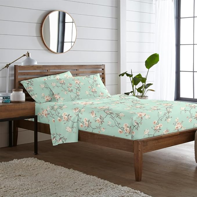 Blue Dahlia 220TC Cherry Blossom Premium 100% Pure Cotton Printed Double Bedsheet with 2 Pillowcases - Oeko TEX Certified (King 108