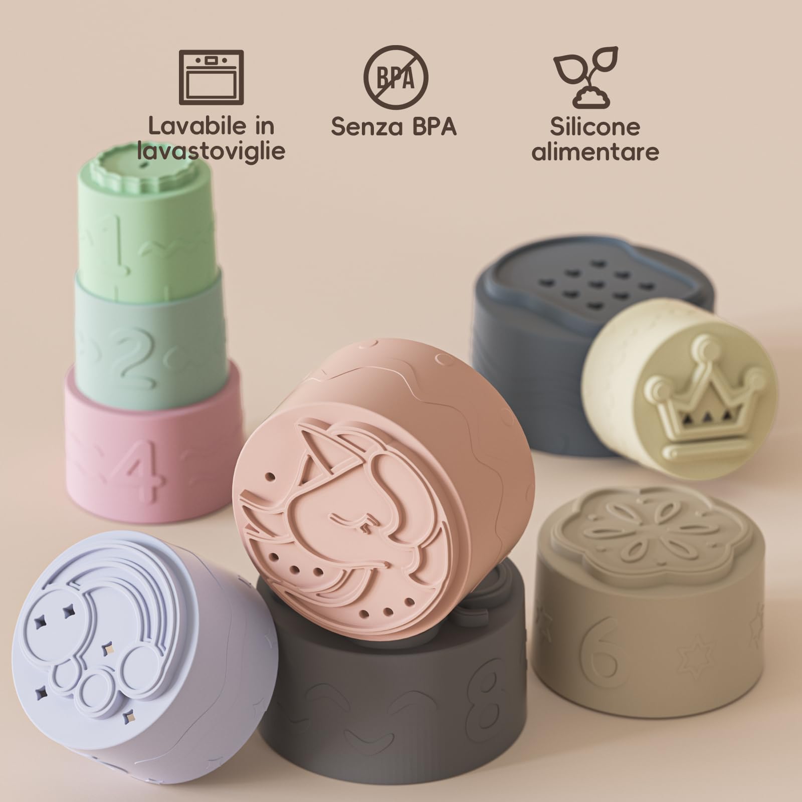 Impilabili Giocattoli Bambini 9 Pezzi 3-6-12 Mesi, Bambino Montessori Educativi Impilabili in Silicone Morbido, Giochi Dentizione Neonato, Regali Bimba Bimbo 1 2 Anno