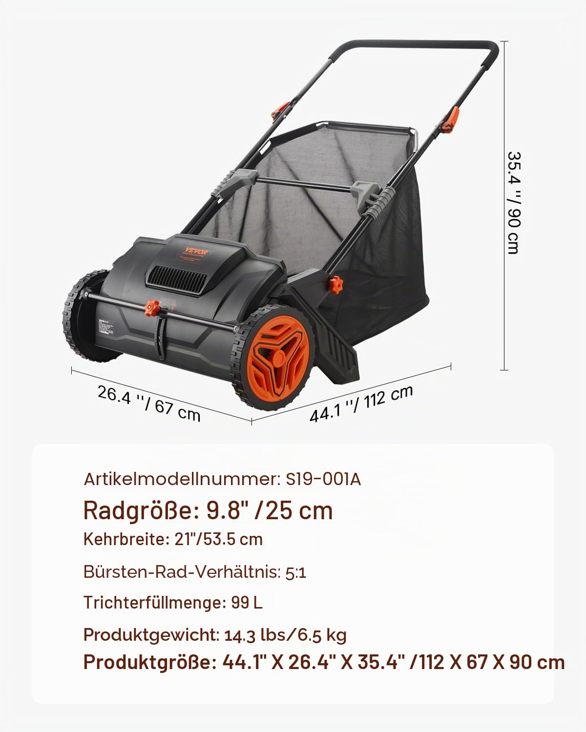 VEVOR Rasenkehrer 54 cm Rasenkehrmaschine Manuell 99L Fassungsvermögen des Fangkorbs Laub- und Rasensammler Spindelmäher 112x67x90cm Handspindelmäher verstellbar zum Aufkehren von Laub Grasschnitt