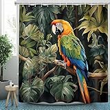 CLOXKS Wasserdichter Duschvorhänge Papagei, Tropische Pflanzen Duschvorhang 100x200 Anti-Schimmel - Duschvorhang Textil für Badewanne mit 12 Haken